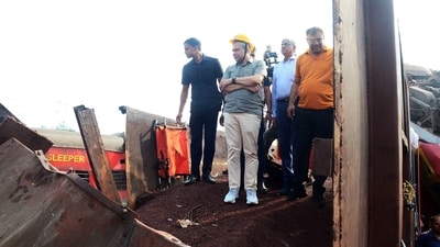 Union Railway Minister Ashwini Vaishnaw visits the accident site where two passenger trains and a goods train collided with each other, in Balashore on Saturday. (ANI)