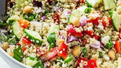 Quinoa salad: Make a salad with cooked quinoa, mixed greens, cherry tomatoes, cucumber, avocado, and a drizzle of olive oil and lemon juice. (Pinterest) Quinoa salad: Make a salad with cooked quinoa, mixed greens, cherry tomatoes, cucumber, avocado, and a drizzle of olive oil and lemon juice. (Pinterest)