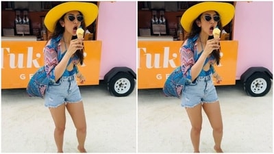 Rakul Preet posed while enjoying ice cream in a blue attire – perfect for summer travel.&nbsp; (Instagram/@rakulpreet)