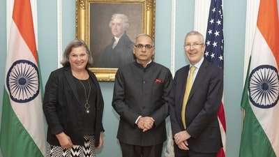 Indian foreign secretary Vinay Mohan Kwatra (Centre) with US diplomats Victoria Nuland (Left) and Alan Estevez (Right). Indian foreign secretary Vinay Mohan Kwatra (Centre) with US diplomats Victoria Nuland (Left) and Alan Estevez (Right).