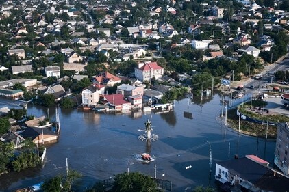 Streets are flooded in Kherson, Ukraine, Wednesday, June 7, 2023 after the Kakhovka dam was blown up. (AP) Streets are flooded in Kherson, Ukraine, Wednesday, June 7, 2023 after the Kakhovka dam was blown up. (AP)