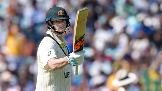 Australia's Steven Smith celebrates getting 50 runs not out on the first day of the ICC World Test Championship Final between India and Australia at The Oval cricket ground in London, Wednesday, June 7, 2023. (AP Photo/Kirsty Wigglesworth)(AP)