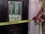 The crime scene being sealed after the murder of gangster Sanjeev Maheshwari alias Jeeva in a Lucknow court on Wednesday The crime scene being sealed after the murder of gangster Sanjeev Maheshwari alias Jeeva in a Lucknow court on Wednesday