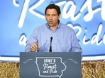 Republican presidential candidate and Florida Governor Ron DeSantis speaks at the "Roast and Ride" event.