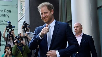 Britain's Prince Harry, Duke of Sussex, departs the Rolls Building of the High Court in London. (REUTERS)