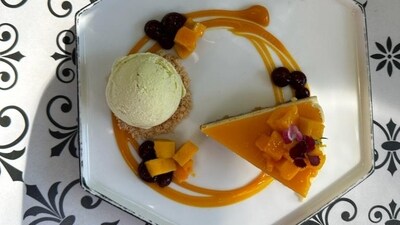 2. Baked Mango Cheesecake by Chef Nester Gracias: Ingredients - Digestive biscuits, Butter 500 gm packet, Cream cheese 500 gm, Sour cream 1kg, Castor sugar 1kg, Cornstarch 4 tbsp, Lemon juice, Salt 1/2 tsp, Vanilla essence 1 tsp, Alphonso mango, Vanilla ice cream 1 scoop, Mango jelly, Raspberry coulie, Mango coulie.&nbsp;Method -&nbsp; Place digestive biscuits in a food processor. Process until they are almost fine crumbs. Add castor sugar, lemon juice, salt, vanilla essence and butter. Press mixture evenly in a springform pan and refrigerate. Peel the mangoes and puree in the food processor until smooth. Add corn starch, cream cheese and sour cream and process untill smooth. Add castor sugar, lemon juice and egg and blend. Pour the mixture on the crumbs in the springform pan. Bake until the filling is set. Pour Mango jelly, mango coulie and raspberry coulie on the top.&nbsp; (Chef Nester Gracias)