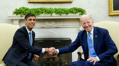 President Joe Biden and British Prime Minister Rishi Sunak shake hands at the conclusion of a meeting in the Oval Office of the White House in Washington, (AP) President Joe Biden and British Prime Minister Rishi Sunak shake hands at the conclusion of a meeting in the Oval Office of the White House in Washington, (AP)