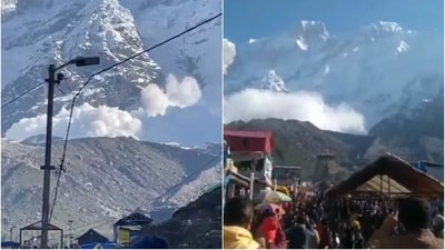 Screengrab from video clip of the massive avalanche (PTI) Screengrab from video clip of the massive avalanche (PTI)