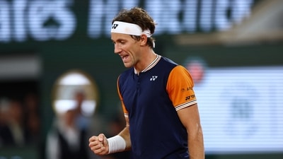 Norway's Casper Ruud celebrates winning during his quarter final match against Denmark's Holger Rune (REUTERS)