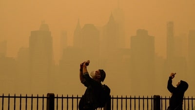 A seagull flies before the lower Manhattan skyline during heavy smog. (AFP)