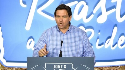 Republican presidential candidate and Florida Governor Ron DeSantis speaks at the "Roast and Ride" event. (REUTERS)
