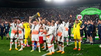 West Ham's Vladimir Coufal holds the trophy after winning the Europa Conference League final against Fiorentina at the Eden Arena in Prague. (AP) West Ham's Vladimir Coufal holds the trophy after winning the Europa Conference League final against Fiorentina at the Eden Arena in Prague. (AP)