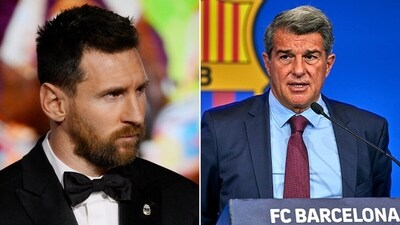 Lionel Messi (L) and Juan Laporta. (Getty Images) Lionel Messi (L) and Juan Laporta. (Getty Images)