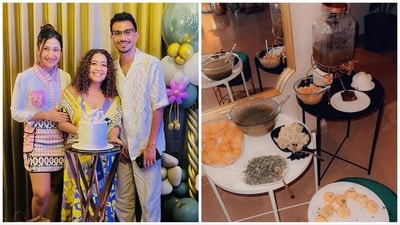 Neha Kakkar with Yuzvendra Chahal and wife Dhanashree Verma at her birthday party. Neha Kakkar with Yuzvendra Chahal and wife Dhanashree Verma at her birthday party.