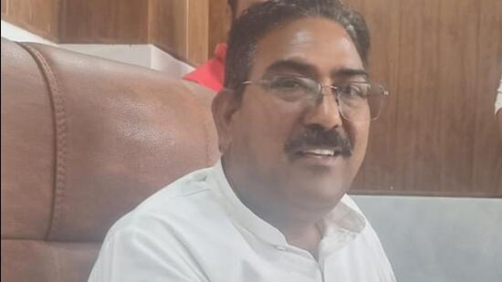 Jannayak Janta Party MLA Ram Karan Kala after resigning as the Sugarfed chairman at his office in Shahbad on Thursday. (HT photo)