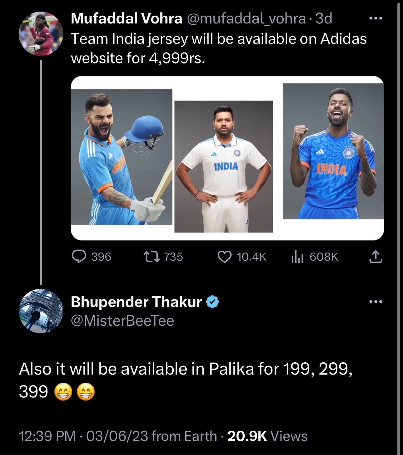 Soon after the jersey kit price was revealed, disappointed cricket enthusiasts shared on social media that the hunt for replicas has begun. Soon after the jersey kit price was revealed, disappointed cricket enthusiasts shared on social media that the hunt for replicas has begun.