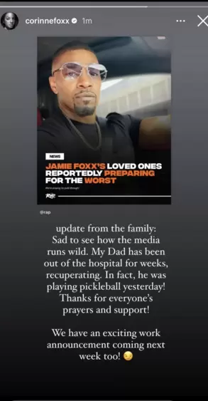 Corinne Foxx shared update of Jamie's health on Indtagram. Corinne Foxx shared update of Jamie's health on Indtagram.
