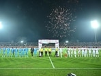 The Indian football team and Myanmar at the Khuman Lampak Stadium. The Indian football team and Myanmar at the Khuman Lampak Stadium.