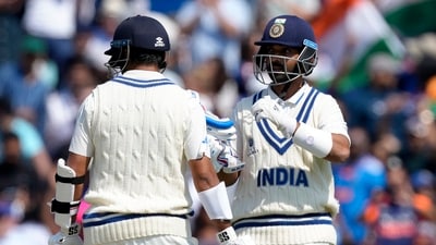 India's Ajinkya Rahane, right, reacts to India's Shardul Thakur after scoring 50 runs on the third day of the ICC World Test Championship Final between India and Australia at The Oval (AP) India's Ajinkya Rahane, right, reacts to India's Shardul Thakur after scoring 50 runs on the third day of the ICC World Test Championship Final between India and Australia at The Oval (AP)