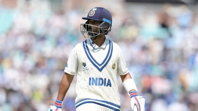 India's Ajinkya Rahane walks off the pitch after being give out caught by Australia's Cameron Green off the bowling of Australia's Pat Cummins on the third day of the ICC World Test Championship Final between India and Australia at The Oval cricket ground in London, Friday, June 9, 2023. (AP Photo/Kirsty Wigglesworth) (AP) India's Ajinkya Rahane walks off the pitch after being give out caught by Australia's Cameron Green off the bowling of Australia's Pat Cummins on the third day of the ICC World Test Championship Final between India and Australia at The Oval cricket ground in London, Friday, June 9, 2023. (AP Photo/Kirsty Wigglesworth) (AP)