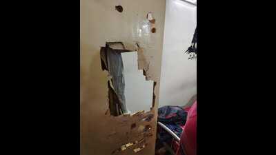 Doors and windows as well as the main gate of the hostel building were damaged, report said. (HT Photo) Doors and windows as well as the main gate of the hostel building were damaged, report said. (HT Photo)