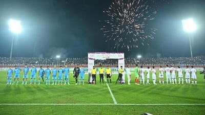 The Indian football team and Myanmar at the Khuman Lampak Stadium. The Indian football team and Myanmar at the Khuman Lampak Stadium.