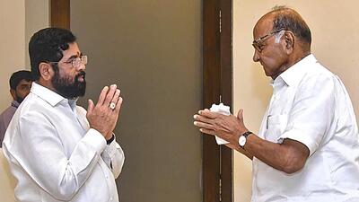 NCP president Sharad Pawar meets Maharashtra chief minister Eknath Shinde in Mumbai on June 1. (PTI/Twitter/@mieknathshinde) NCP president Sharad Pawar meets Maharashtra chief minister Eknath Shinde in Mumbai on June 1. (PTI/Twitter/@mieknathshinde)