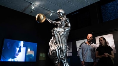 The world's first Al sculpture "The Impossible Statue", is displayed at the Tekniska Museum in Stockholm on June 8, 2023. (AFP)