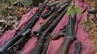 Security personnel seize the weapons during a joint combing operation, in Manipur. (Army Twitter) Security personnel seize the weapons during a joint combing operation, in Manipur. (Army Twitter)