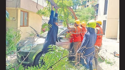 Thane, India - June 09, 2023: Thane Regional Disaster Management Cell workers clearing a tree branch that fell on a parked car and damaged it inside the society premises, at Vasant Vihar, in Thane, India, on Friday, June 09, 2023. (Praful Gangurde/HT Photo) (HT PHOTO) Thane, India - June 09, 2023: Thane Regional Disaster Management Cell workers clearing a tree branch that fell on a parked car and damaged it inside the society premises, at Vasant Vihar, in Thane, India, on Friday, June 09, 2023. (Praful Gangurde/HT Photo) (HT PHOTO)