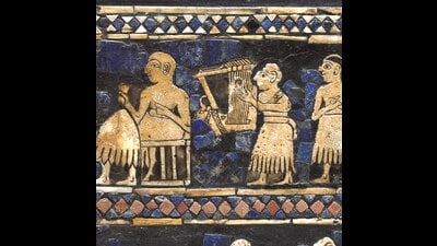 A lyre depicted on a 3rd millennium BCE Sumerian artifact - essentially an engraved box - called the Standard of Ur. (Wikimedia Commons) A lyre depicted on a 3rd millennium BCE Sumerian artifact - essentially an engraved box - called the Standard of Ur. (Wikimedia Commons)