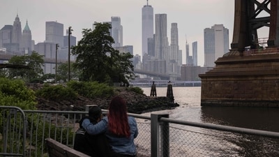 The Manhattan skyline is seen as smoke from wildfires in Canada cause hazy conditions in New York City on June 8, 2023. (AFP) The Manhattan skyline is seen as smoke from wildfires in Canada cause hazy conditions in New York City on June 8, 2023. (AFP)