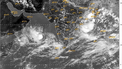 Satellite image shows the location of Cyclone Biparjoy in the Arabian Sea, on Thursday, June 8, 2023. (PTI) Satellite image shows the location of Cyclone Biparjoy in the Arabian Sea, on Thursday, June 8, 2023. (PTI)