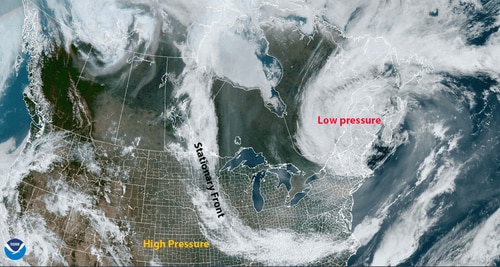 The image show weather conditions which has led to smoke in the eastern US. (National Oceanic and Atmospheric Administration (NOAA)) The image show weather conditions which has led to smoke in the eastern US. (National Oceanic and Atmospheric Administration (NOAA))