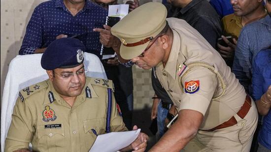 Joint commissioner of police (law and order) Upendra Kumar Agarwal at a media briefing on the murder of gangster Sanjeev Maheshwari alias Jeeva, in Lucknow on Friday. (PTI PHOTO)