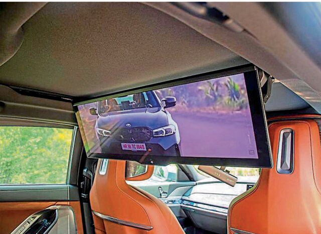A highlight is the 12.3-inch customisable display, but The real party trick is the 31.3-inch 8K screen that folds down from the roof. A highlight is the 12.3-inch customisable display, but The real party trick is the 31.3-inch 8K screen that folds down from the roof.