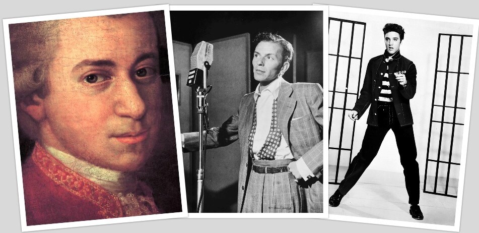 A beat too far?: Wolfgang Amadeus Mozart; Frank Sinatra; Elvis Presley. (Getty Images) A beat too far?: Wolfgang Amadeus Mozart; Frank Sinatra; Elvis Presley. (Getty Images)