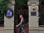 A man walks past the Embassy of Iceland in Moscow, Russia June 9, 2023. 