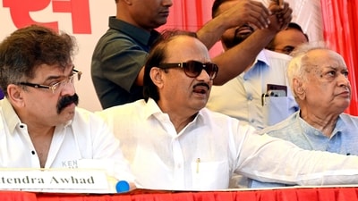 Nationalist Congress Party (NCP) leader Ajit Pawar with party members during the party's 25th Foundation Day celebrations, in New Delhi on Saturday. (ANI) Nationalist Congress Party (NCP) leader Ajit Pawar with party members during the party's 25th Foundation Day celebrations, in New Delhi on Saturday. (ANI)