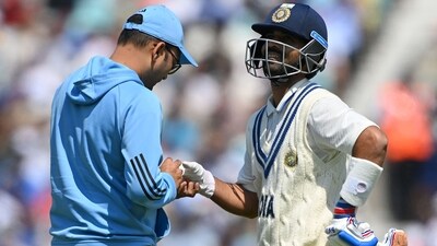 India's Ajinkya Rahane (R) receives treatment to his hand after being hit by the ball during play on day 3 of the ICC World Test Championship cricket final match (AFP) India's Ajinkya Rahane (R) receives treatment to his hand after being hit by the ball during play on day 3 of the ICC World Test Championship cricket final match (AFP)