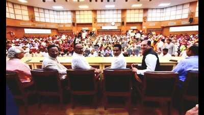 Deputy CM Brajesh Pathak, UP BJP vice president Pankaj Singh and other BJP leaders at a meeting organised by the party in Lucknow on Saturday. (Sourced)