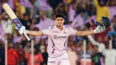 Gill celebrates a century, playing for the Gujarat Titans in the Indian Premier League. He emerged as the season’s highest scorer. (AFP) Gill celebrates a century, playing for the Gujarat Titans in the Indian Premier League. He emerged as the season’s highest scorer. (AFP)
