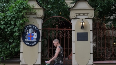 A man walks past the Embassy of Iceland in Moscow, Russia June 9, 2023. (Reuters)