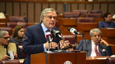 Pakistan's Finance minister Ishaq Dar presenting the budget 2023-2024 in the national assembly in Islamabad. Pakistan's cash-strapped government unveiled a 14.5 trillion rupee (around $50.5 billion) budget on June 9. (AFP)