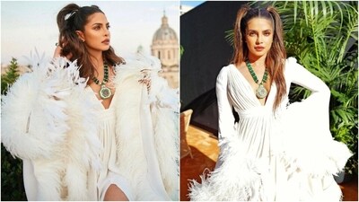 Priyanka posted the photos from the Bulgari event with the caption, "Congratulations to my @bulgari family on the inauguration of @bulgarihotels in Rome #BulgariHotelRoma #BulgariHotels." Styled by celebrity stylist Rebecca Corbin-Murray, Priyanka slipped into a pristine white silk crepe and feather dress for the occasion. (Instagram) Priyanka posted the photos from the Bulgari event with the caption, "Congratulations to my @bulgari family on the inauguration of @bulgarihotels in Rome #BulgariHotelRoma #BulgariHotels." Styled by celebrity stylist Rebecca Corbin-Murray, Priyanka slipped into a pristine white silk crepe and feather dress for the occasion. (Instagram)