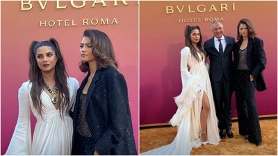Additionally, Priyanka's dress has a plunging V neckline flaunting her décolletage, a gathered design on the torso, a cinched detail under the bust, a pleated skirt, a billowy silhouette, a thigh-high slit on the front, a floor-length hem, and a train at the back. (Instagram) Additionally, Priyanka's dress has a plunging V neckline flaunting her décolletage, a gathered design on the torso, a cinched detail under the bust, a pleated skirt, a billowy silhouette, a thigh-high slit on the front, a floor-length hem, and a train at the back. (Instagram)