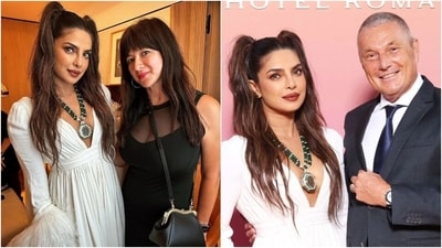 Priyanka wore the Roman Goddess look with 600 carats of emerald-adorned necklace, white peep-toe high heels, statement emerald earrings, and diamond and emerald rings. (Instagram) Priyanka wore the Roman Goddess look with 600 carats of emerald-adorned necklace, white peep-toe high heels, statement emerald earrings, and diamond and emerald rings. (Instagram)