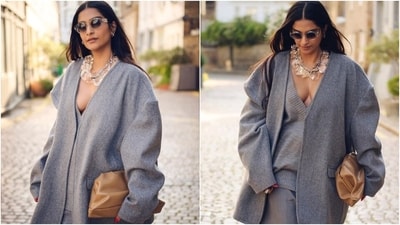 Sonam Kapoor poses in a stylish grey plunge-neck look for a photoshoot. (Instagram) Sonam Kapoor poses in a stylish grey plunge-neck look for a photoshoot. (Instagram)