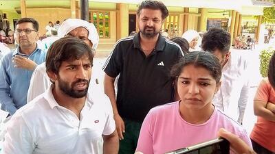 Wrestlers Bajrang punia and Sakshi Malik addressed a khap mahapanchayat in Sonepat on Saturday. (PTI) Wrestlers Bajrang punia and Sakshi Malik addressed a khap mahapanchayat in Sonepat on Saturday. (PTI)