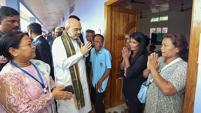 Union Home Minister Amit Shah meets people from the Kuki community at a relief camp, in Kangpokpi, Wednesday, May 31, 2023. (PTI) Union Home Minister Amit Shah meets people from the Kuki community at a relief camp, in Kangpokpi, Wednesday, May 31, 2023. (PTI)